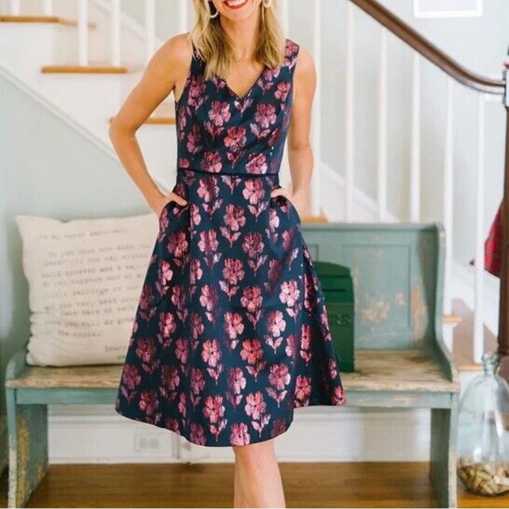 Draper James • Navy Metallic Floral Jacquard Midi Dress
